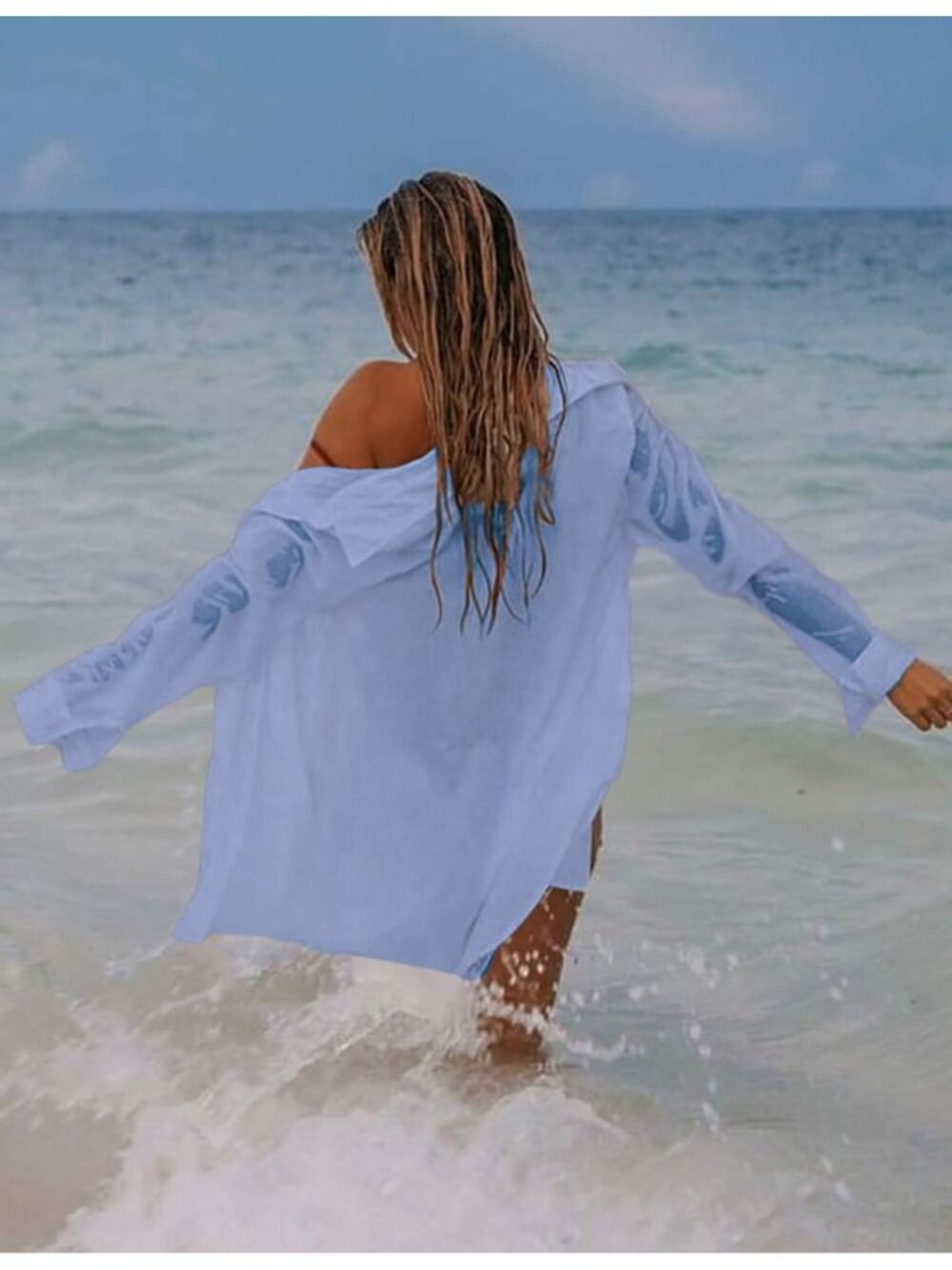 Women's G- Cyan Long Sleeve Button Down Shirts Blouses Swim Beach Cover Ups - Picture 3 of 4